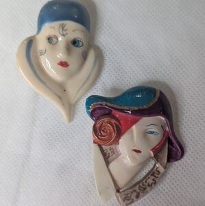Vintage Art Deco Ladies Face Brooches